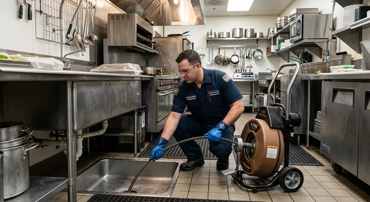 Commercial drain cleaning service in a restaurant kitchen in Sandy Springs