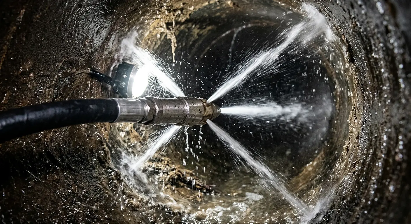 High-pressure hydro jetting nozzle cleaning sewer pipe for Emergency Drain Service in Sandy Springs