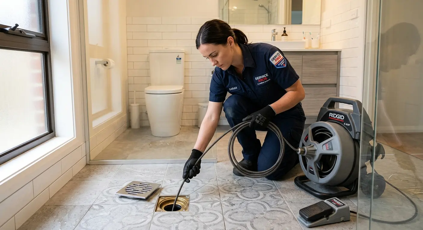 Technician clearing a bathroom floor drain for Drain Repair in Sandy Springs